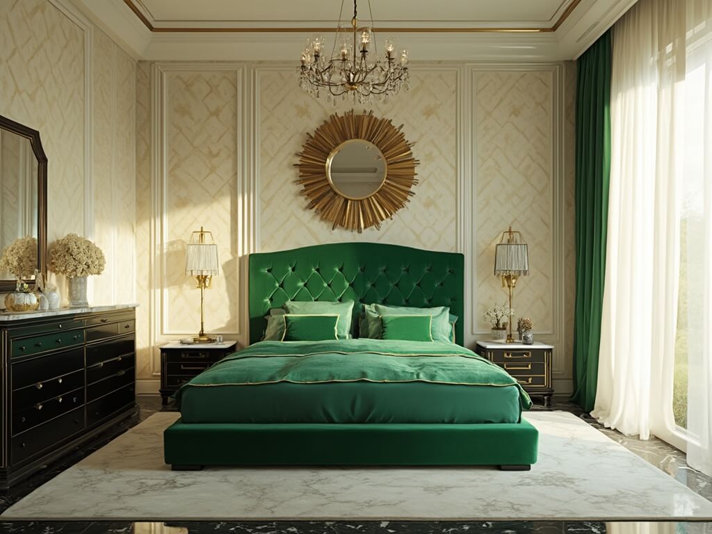 Emerald Green Art Deco Bedroom: A Luxurious Vintage Glamour Retreat
