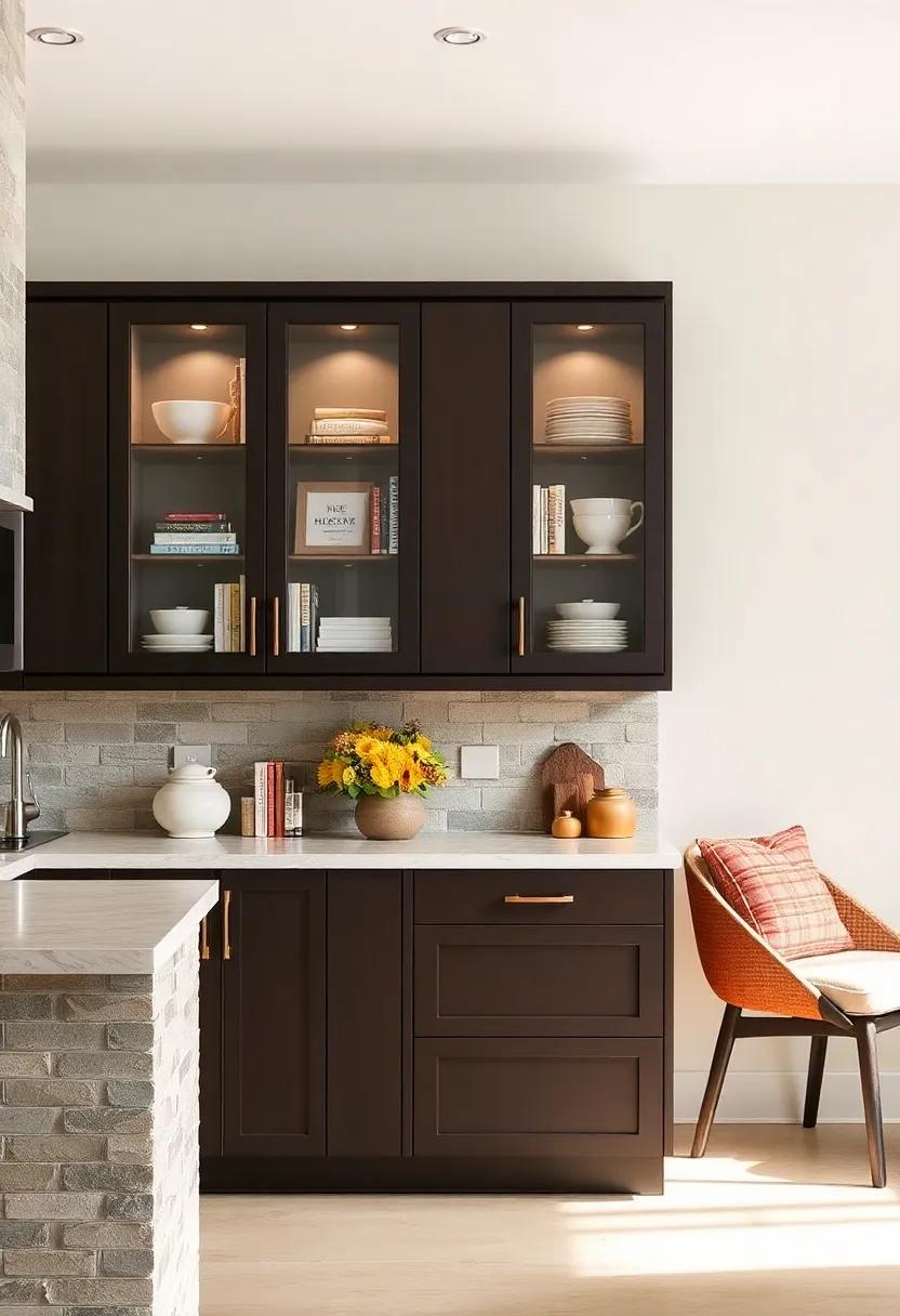 Radiant Display: Showcase your favorite cookbooks and decorative pieces in glass-front espresso cabinets for a polished yet personal touch