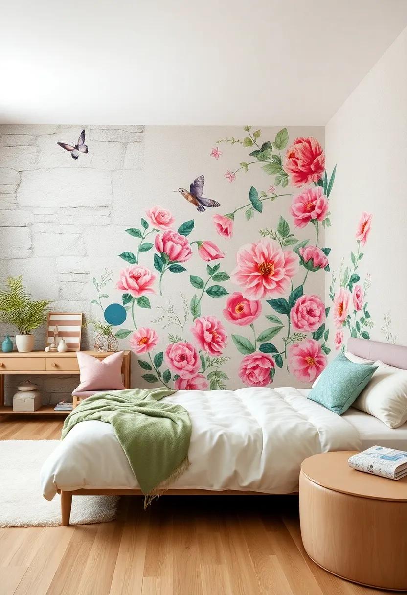 Floral Accent Wall: Create an enchanting focal point with removable floral wallpaper or decals to bring the beauty of nature indoors