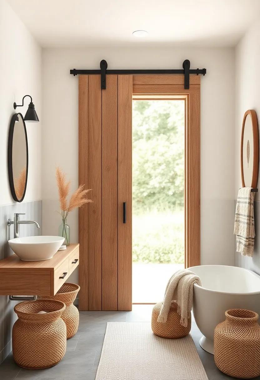 Cozy Textiles: Soft textiles—like chunky knit towels or woven baskets—can beautifully complement a barn door, adding warmth and homeliness to the space