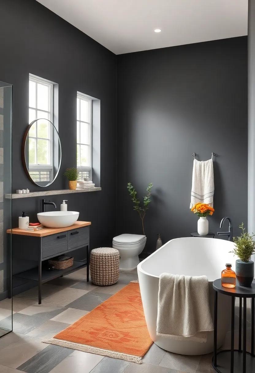 Charcoal Gray: Add depth and modernity with a dark gray that serves as a stunning backdrop for white fixtures and colorful accents