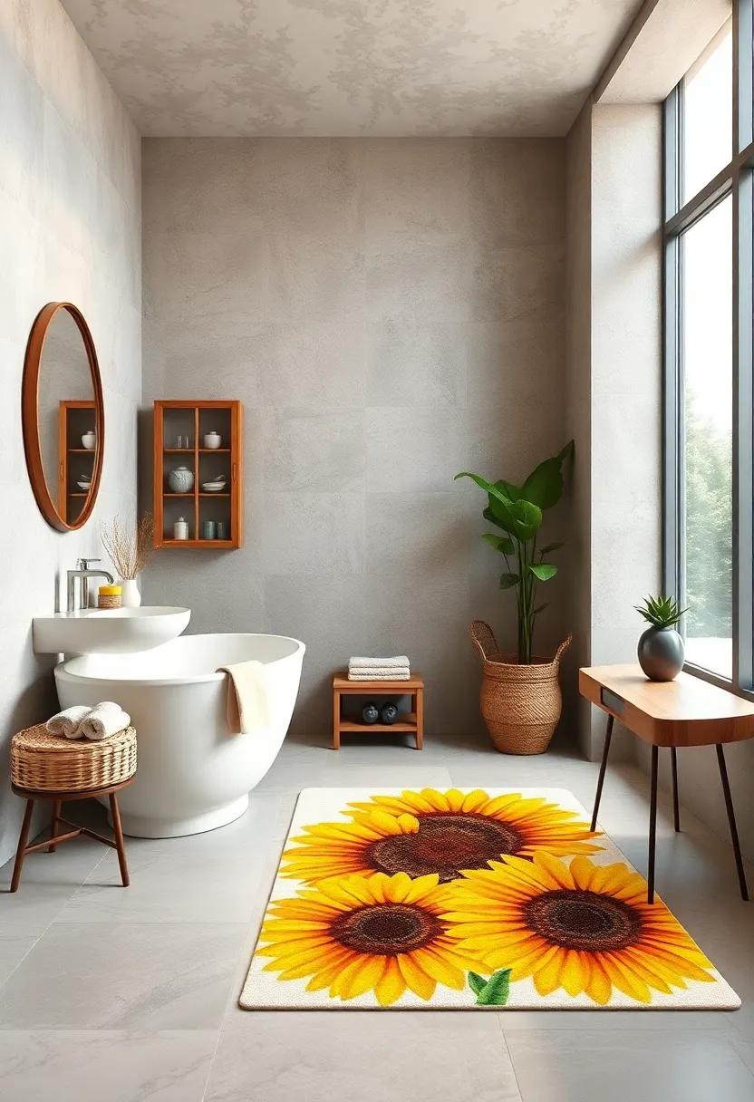 Cheerful Sunflower Print Rug - Brighten up your bathroom with a cheerful sunflower print rug, effortlessly bringing a bit of nature and joy into your space