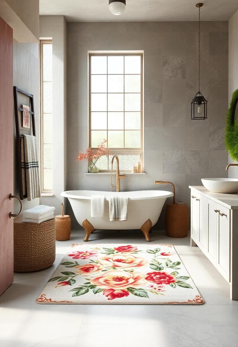 Distressed Floral Print Bath Rug - A distressed floral print bath rug can bring a touch of traditional elegance to your bathroom,making it a perfect focal point