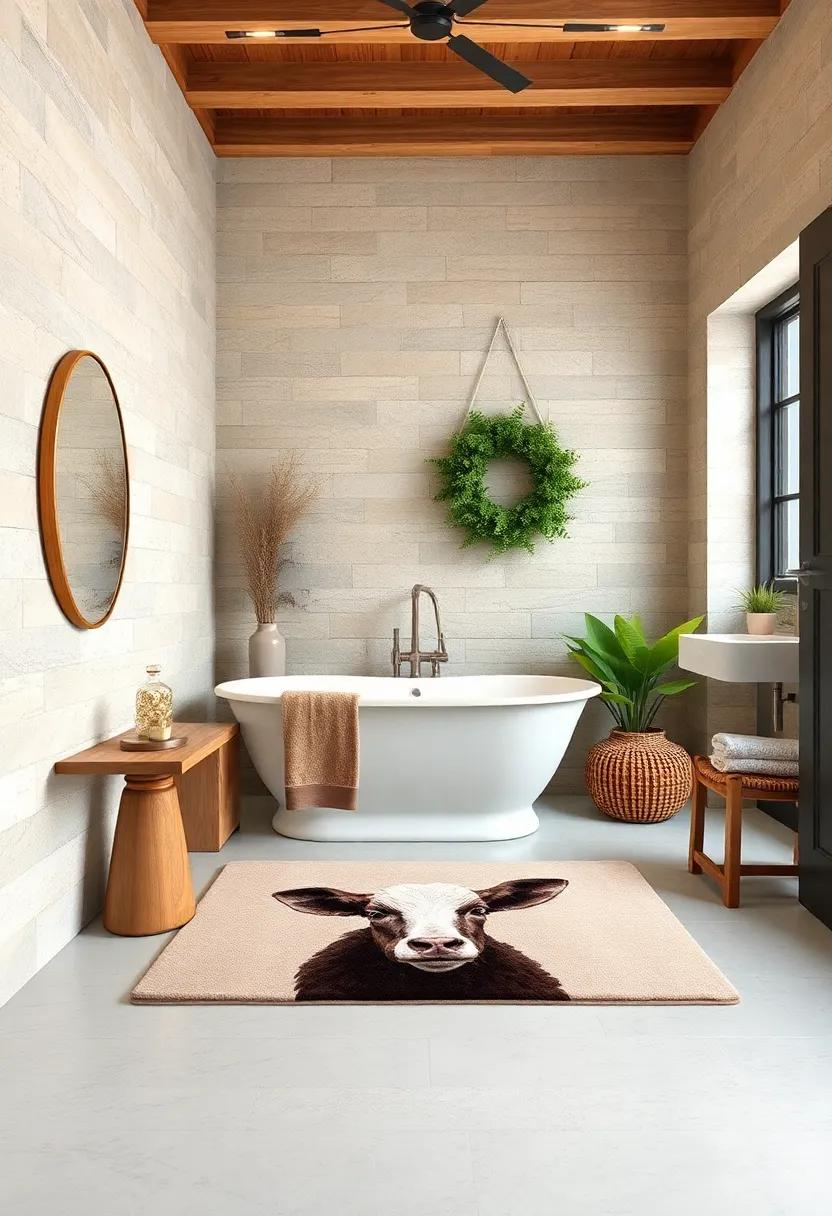 Farm Animal Print Bath Rug - Playfully embrace your farmhouse theme with a bath rug depicting charming farm animals, adding a whimsical touch to your decor