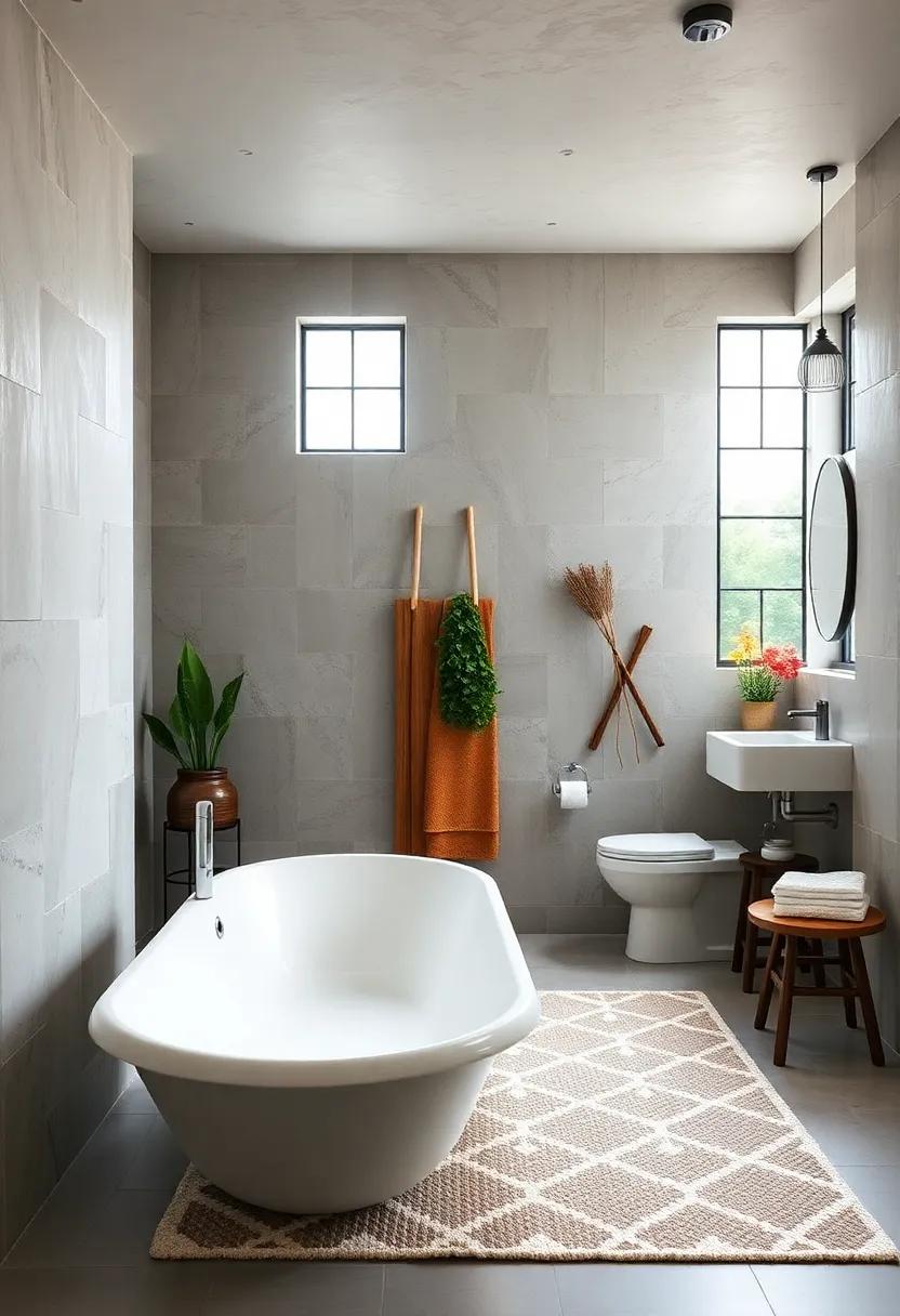 Geometric Pattern Wool Rug - Opt for a geometric pattern wool rug to give your bathroom a stylish edge while maintaining a cozy farmhouse atmosphere