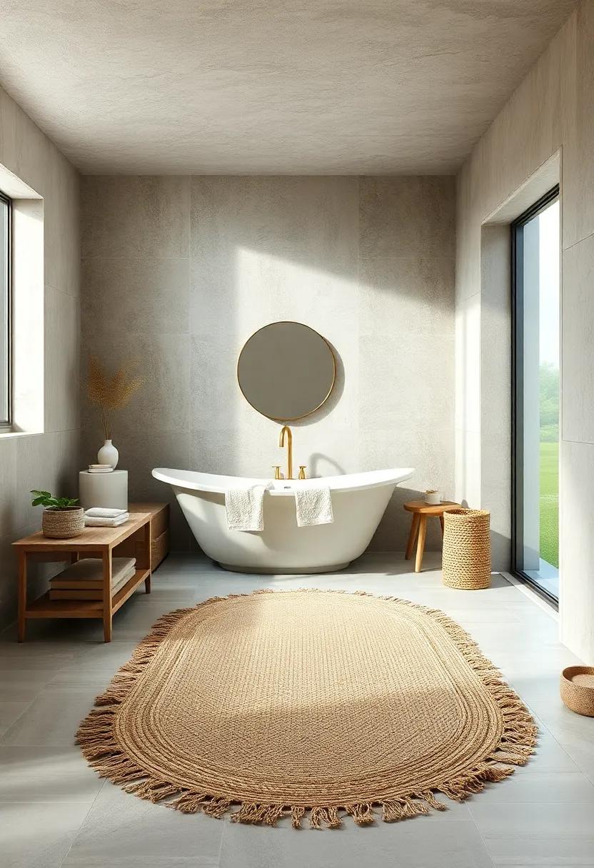 Natural Fiber Faded Rug - A natural fiber faded rug can offer a soft, understated elegance, perfect for encouraging calmness in your farmhouse bathroom