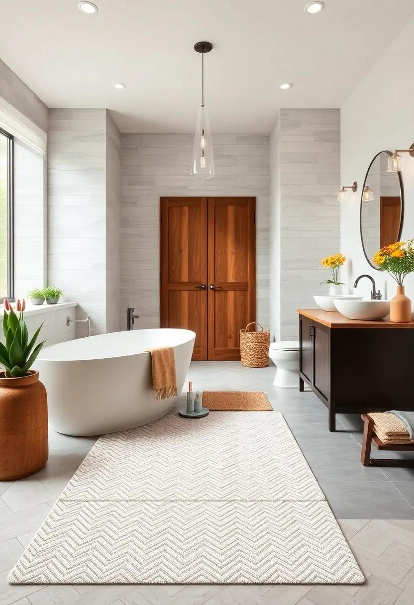 Neutral Herringbone Pattern Bath Mat - A neutral herringbone pattern bath mat adds subtle sophistication while blending seamlessly with any farmhouse theme