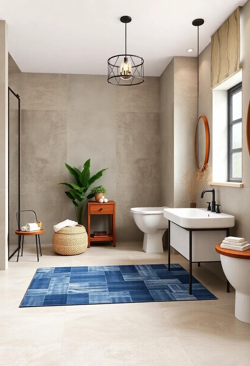 Patchwork Denim Floor Mat - For a unique twist, explore a patchwork denim floor mat, perfect for personalizing your farmhouse bathroom with creativity and style