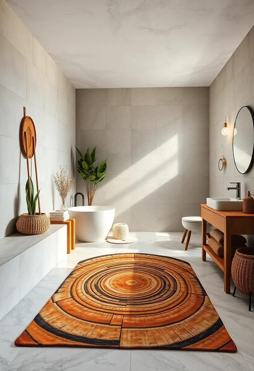 Rustic Wood Slice Design - A rustic wood slice design rug can bring the charm of the outdoors into your bathroom, creating a warm and inviting setting