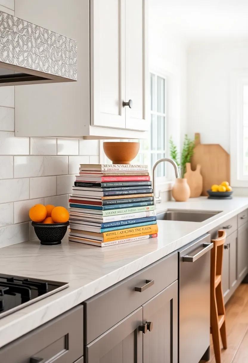 Colorful Cookbooks: Stack colorful cookbooks on the countertop, mixing genres and styles. They serve as inspiration for your culinary adventures and a pop of color