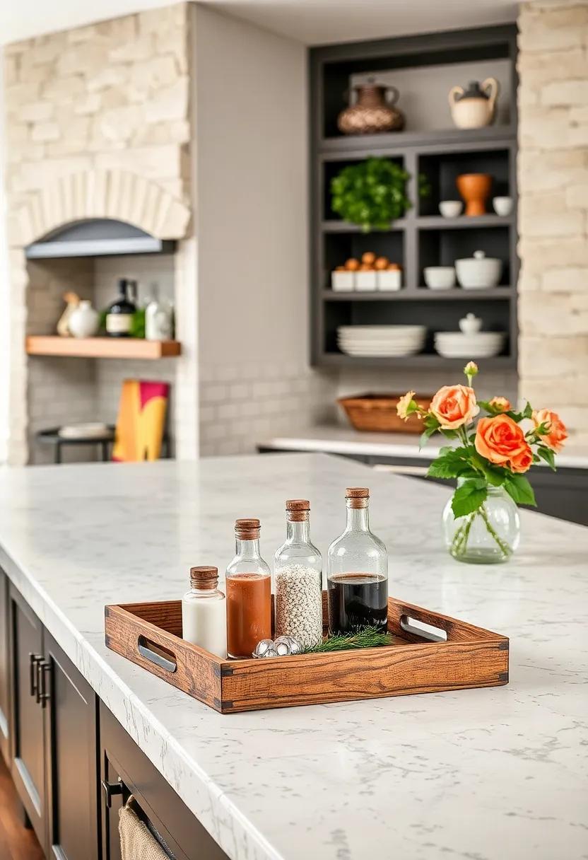 Rustic Tray: Use a wooden or metal tray to corral smaller items like salt, pepper, and olive oil. Trays help maintain organization while adding visual interest