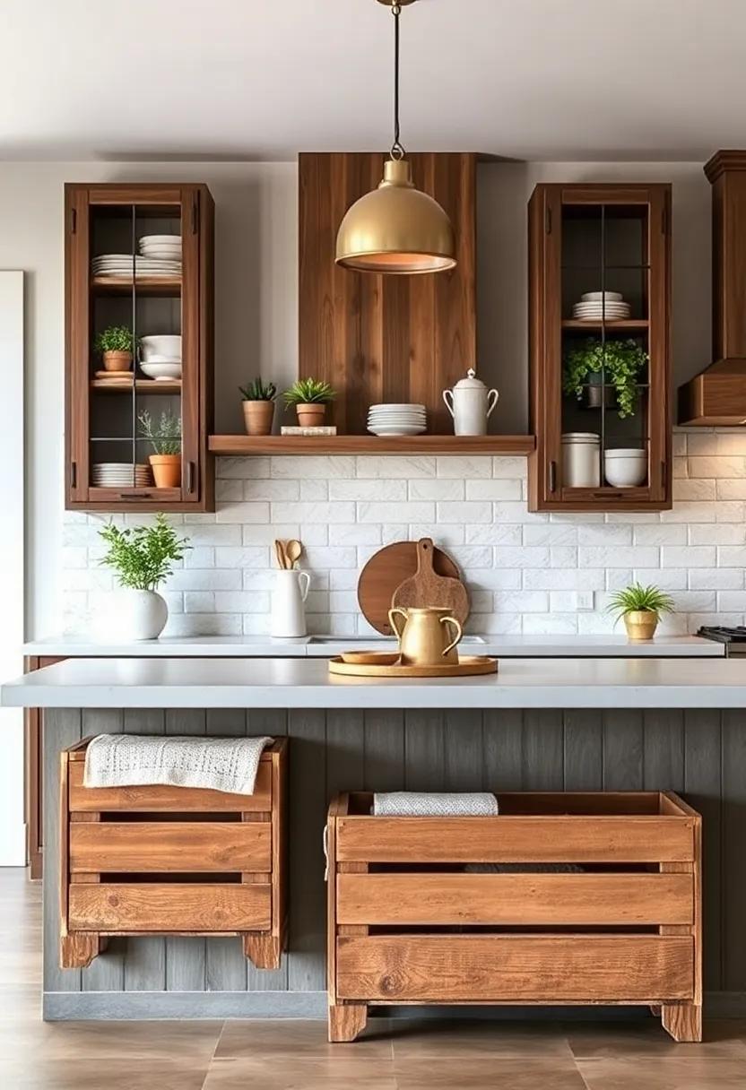 Repurposed Crates: Use wooden crates for added storage or as a base for displaying items. They embody the farmhouse aesthetic and bring a rustic flair