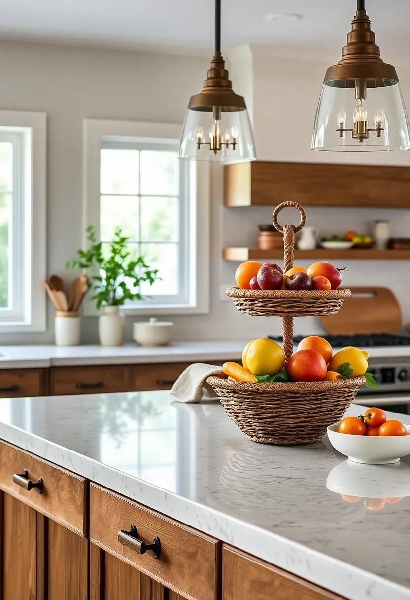 Tiered Fruit Basket: Utilize a tiered fruit basket to showcase seasonal fruits. This adds height and color to the counter while encouraging healthy snacking