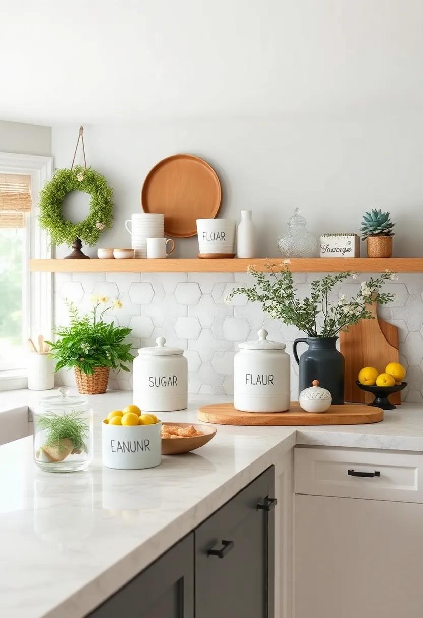 Farmhouse-Style Canisters: Choose ceramic or metal canisters with a farmhouse finish for storing sugar, flour, and coffee. Their aesthetic complements the overall theme beautifully