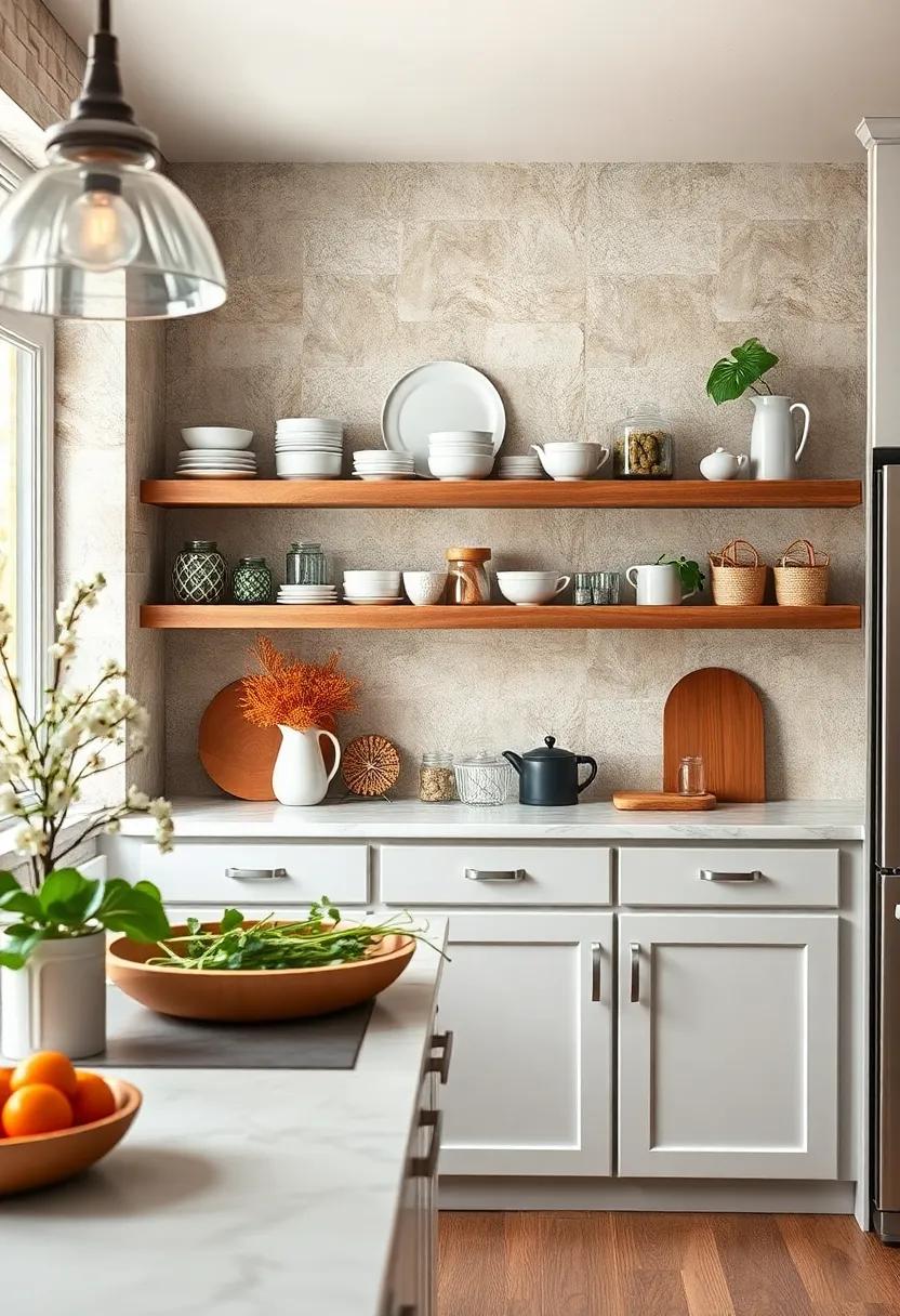 Open Shelves: If you have the space,consider open shelves for displaying your favorite kitchenware and decor.They create an airy feel while allowing the beauty of your items to shine