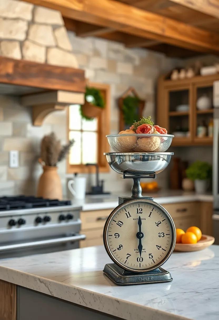 Vintage scale: Incorporate a vintage kitchen scale as both a decor piece and a functional tool. It evokes nostalgia and adds character to your culinary space