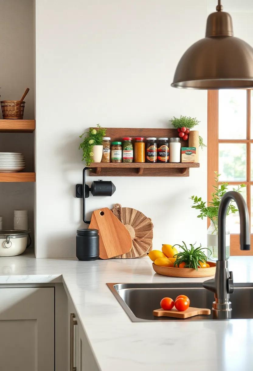 Wall-Mounted Spice Rack: Install a rustic wall-mounted spice rack for easy access to your favorite seasonings. This DIY element keeps your counter clutter-free