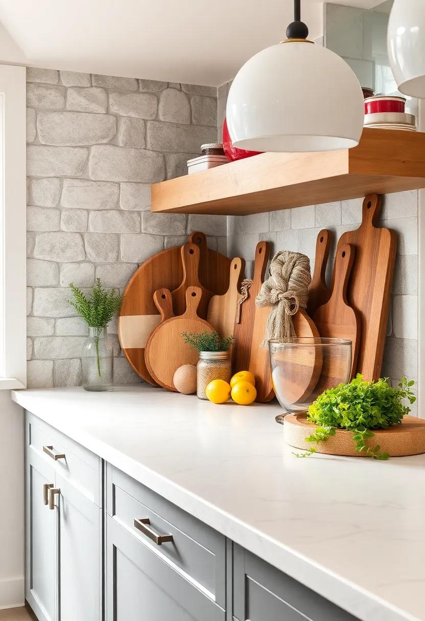 Wooden Cutting Boards: Display a variety of wooden cutting boards in different sizes. They not only serve a practical purpose but also create a warm, inviting atmosphere