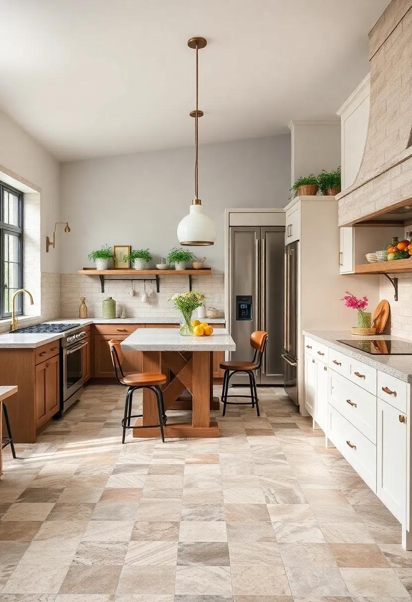 Mosaic Tile Flooring: Use stunning mosaic tile flooring that combines various textures and patterns, offering an artistic flair to your farmhouse kitchen