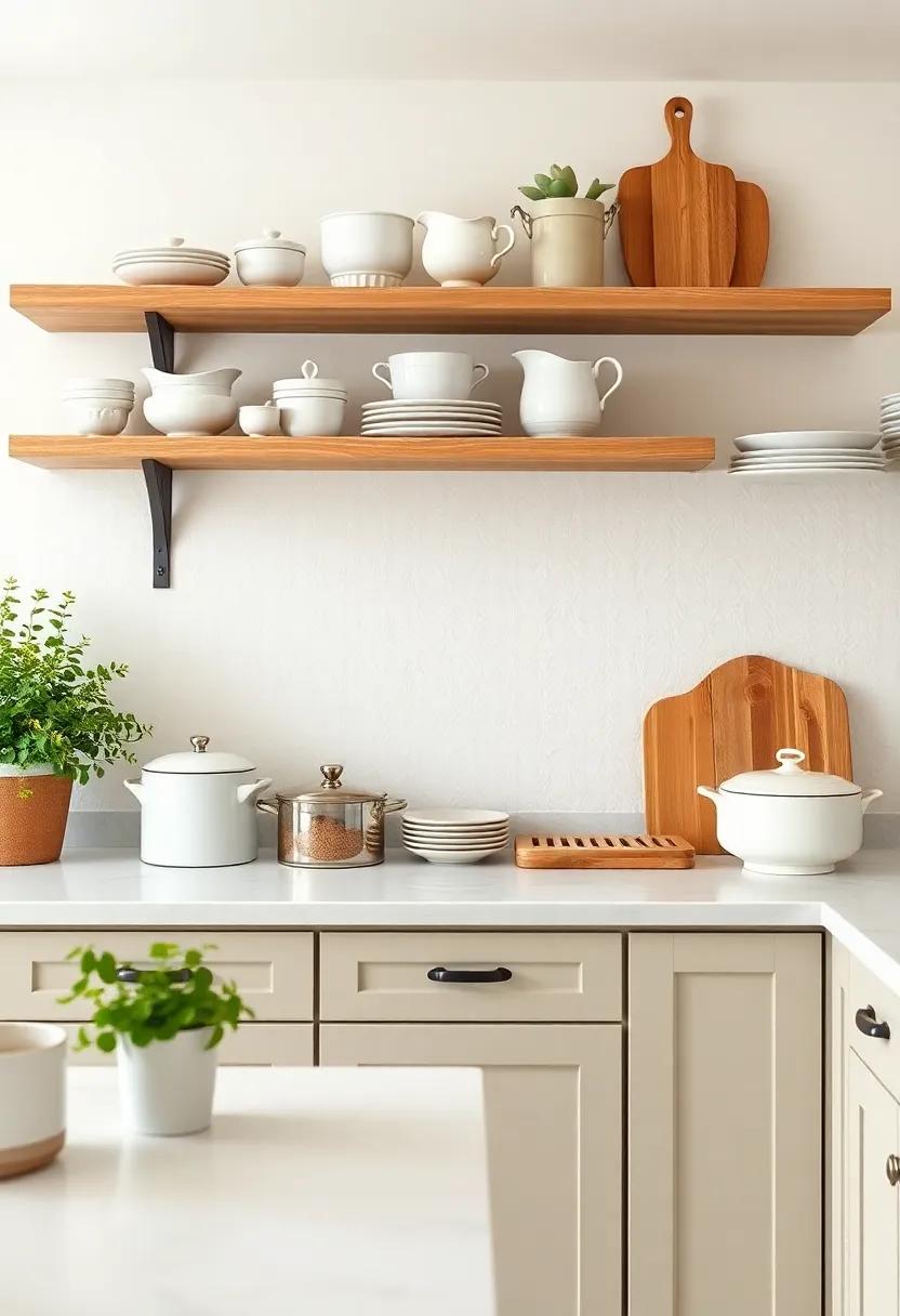 Charming Open shelves Displaying Farmhouse Pottery and Cookware