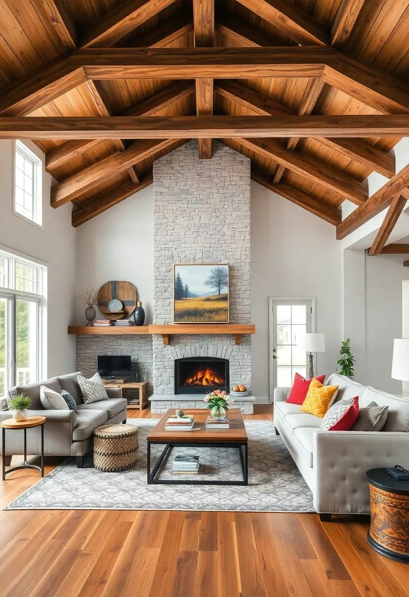 Embrace the Rustic Charm: This living room highlights exposed wood beams that crisscross the ceiling, complementing cozy, overstuffed furniture and a roaring fire