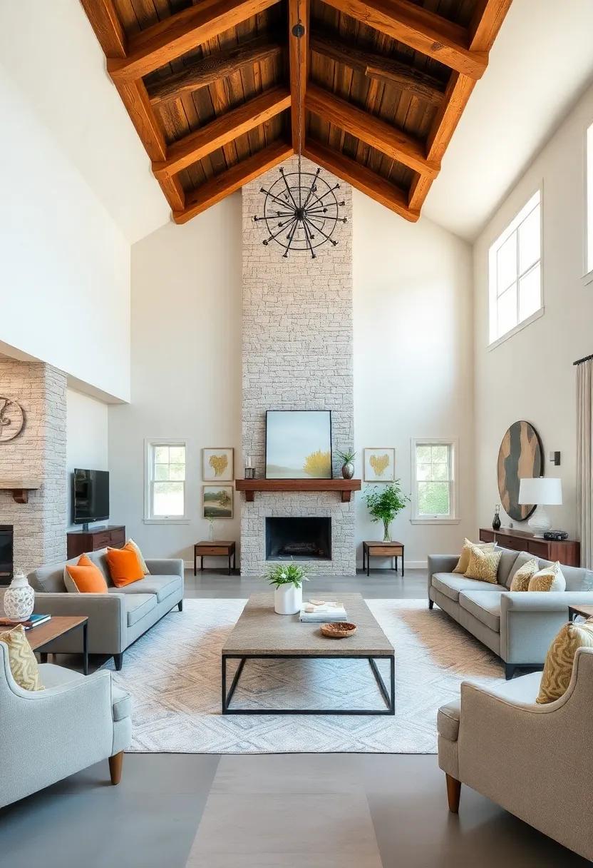 The Grand Focal Point: A soaring ceiling with bold beams becomes the centerpiece in this expansive living room, setting the stage for sophisticated gatherings