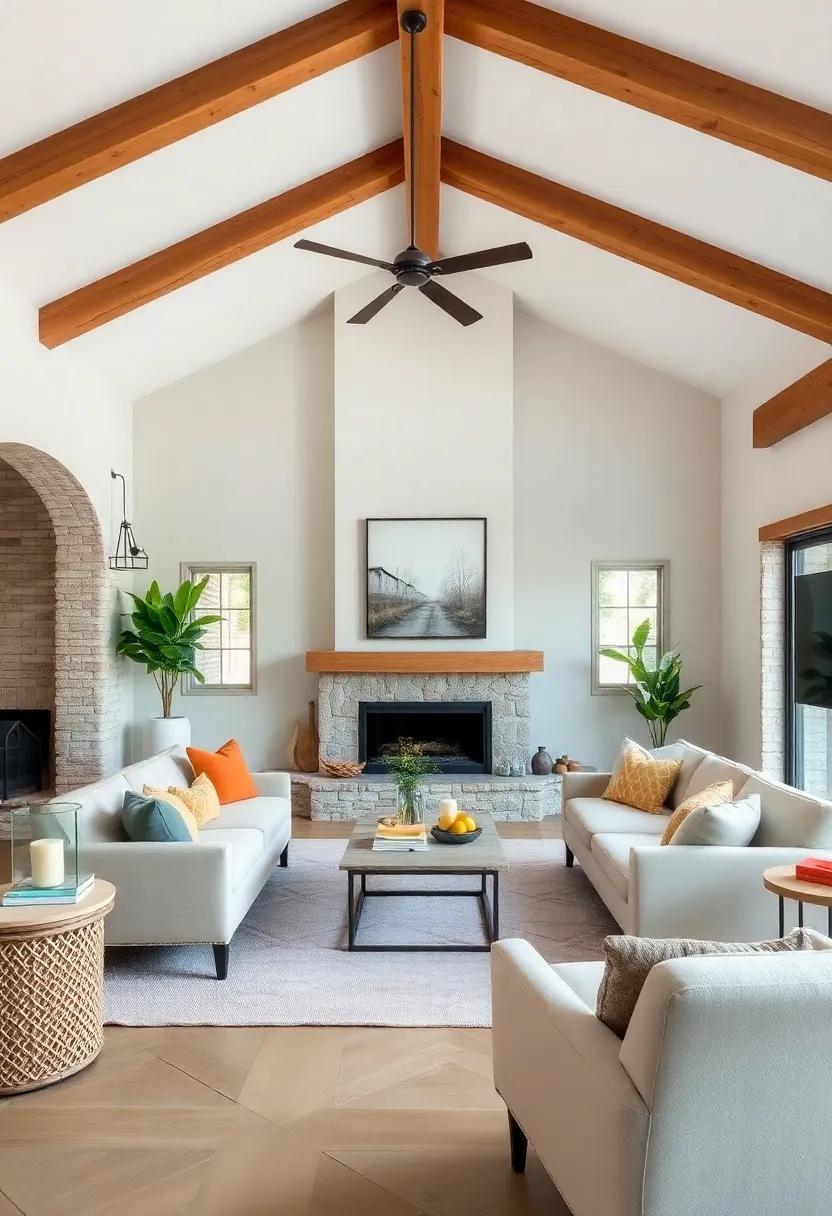 The Perfect Balance: This living room perfectly balances rustic wood beams with sleek modern furniture, illustrating that farmhouse style can be both timeless and trendy