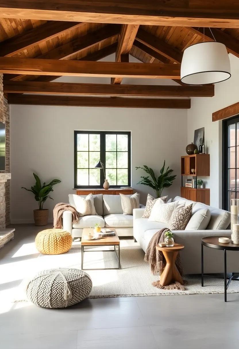 Layered Textures: Exposed wood beams serve as the perfect backdrop for an assortment of textiles, from chunky knit throws to soft pillows, establishing a cozy yet stylish ambiance