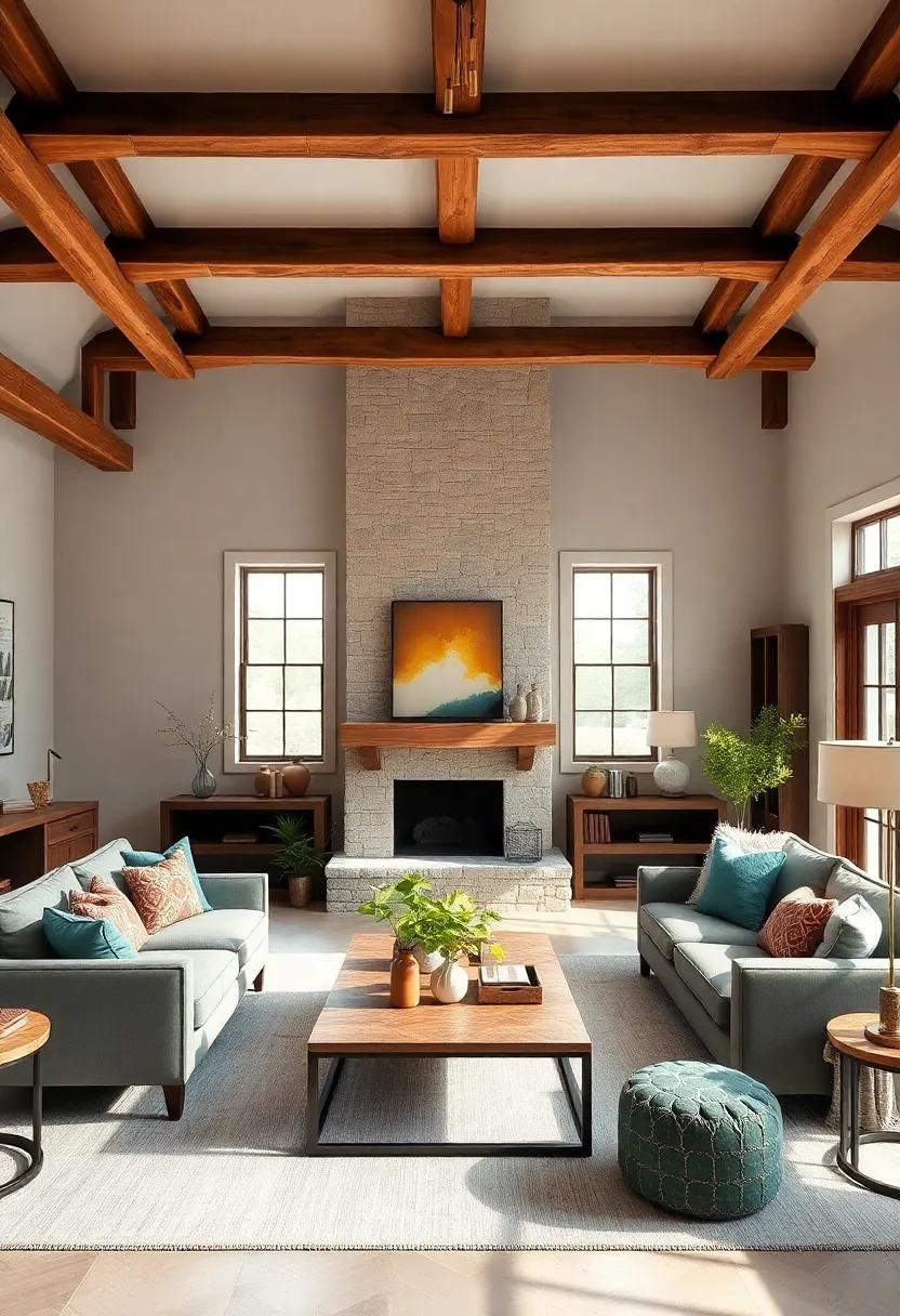 the Family Gathering Spot: Highlighting large wooden beams that support a spacious ceiling, this farmhouse living room is designed for family gatherings and cozy evenings together