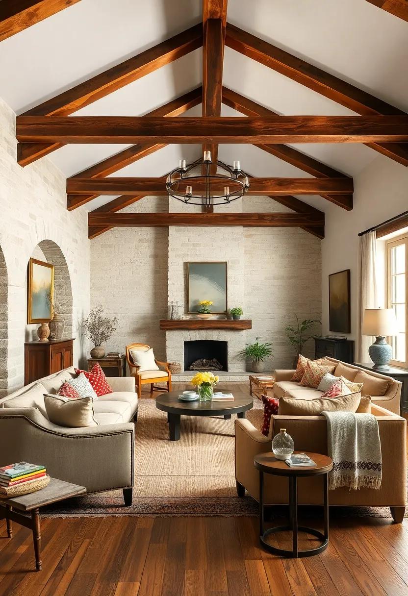 A Touch of vintage: Ornate wooden beams set a nostalgic tone in this living room, where antique furniture and soft textiles wrap guests in a welcoming atmosphere