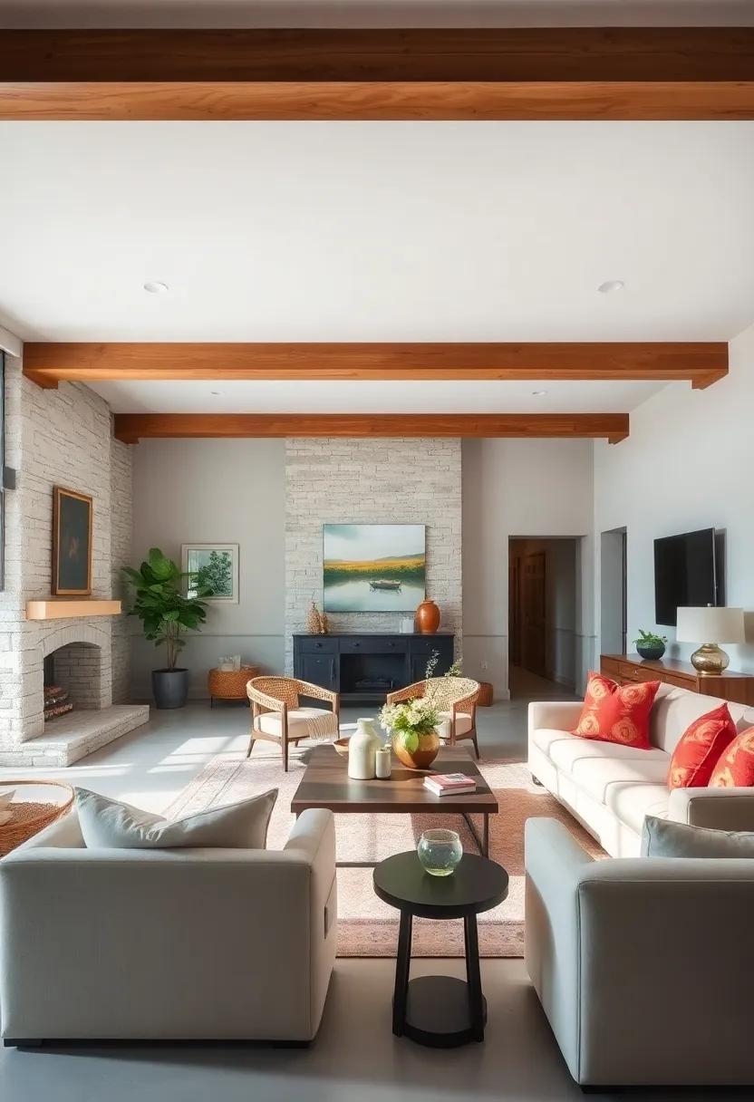 Farmhouse Minimalism: Simple, straight wood beams add understated elegance to this living room, where minimal furnishings allow the architecture to shine