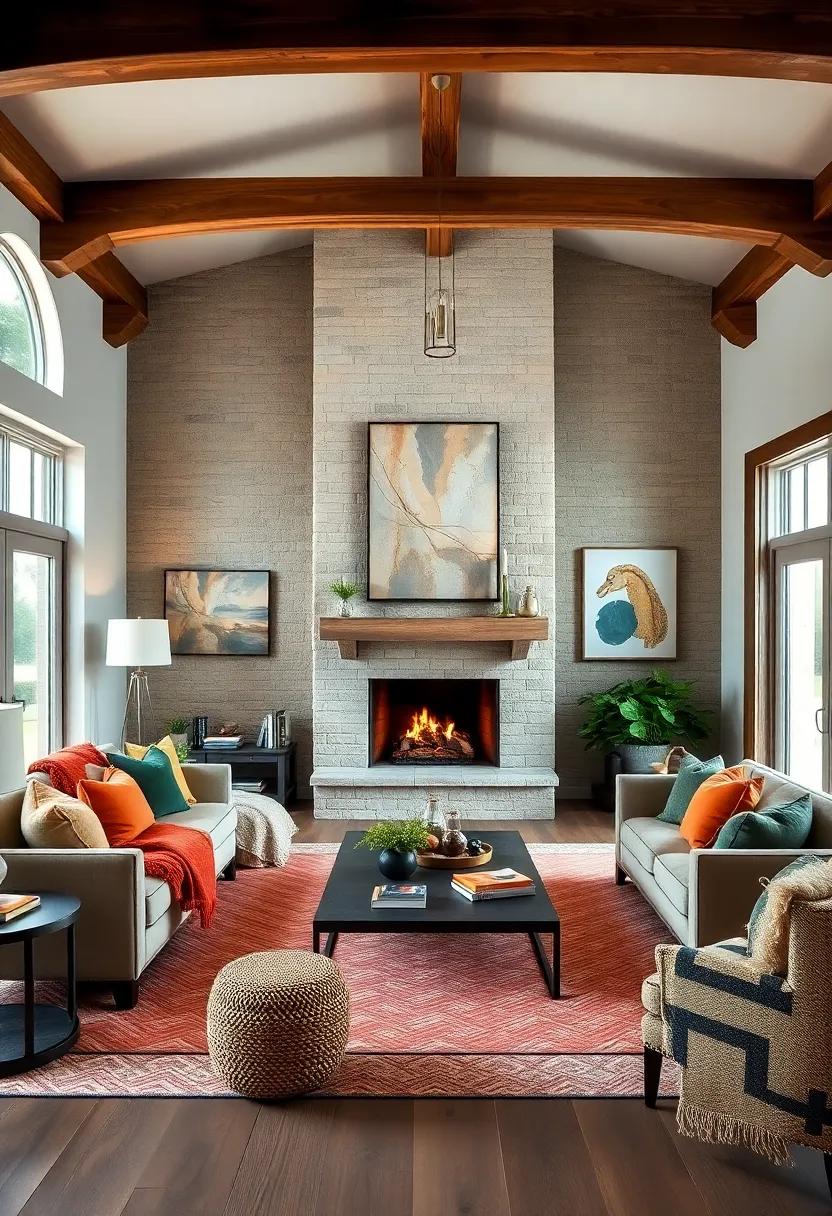 Cozy Firelight: Wood beams frame the cozy fireplace in this living room, inviting warmth and conversation while offering a stunning visual element for the design
