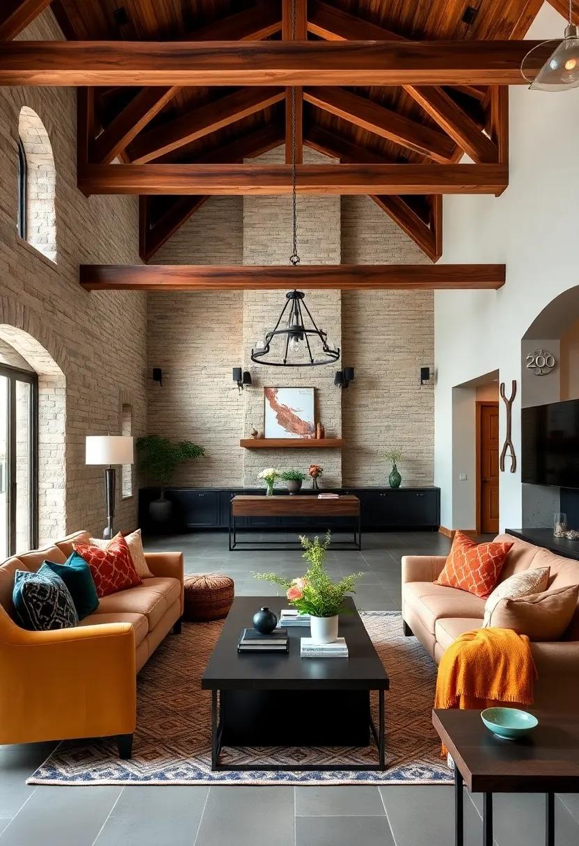 Modern Meets Tradition: Featuring sleek wood beams paired with contemporary décor,this space combines elegance with a hint of farmhouse warmth,all while using a neutral color palette