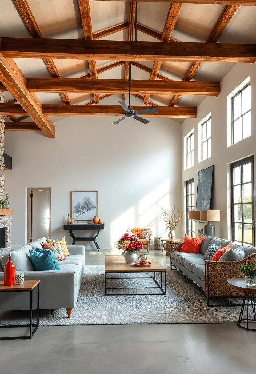 Industrial Farmhouse Fusion: Metal accents combine with rugged wood beams in this living room, creating a unique blend of industrial style and farmhouse charm