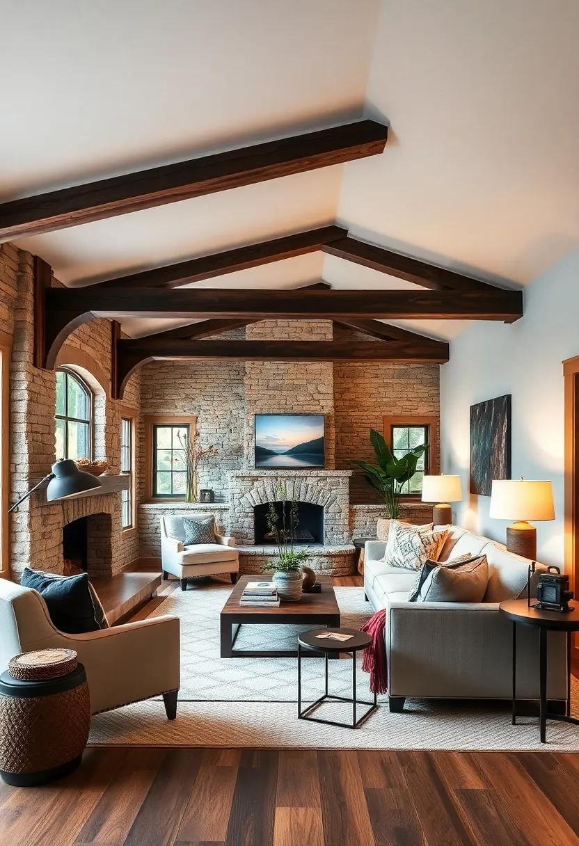 The Cozy Nook: A smaller farmhouse living room utilizes dark, rich beams to create an intimate setting filled with plush seating and layered textures for a snug retreat