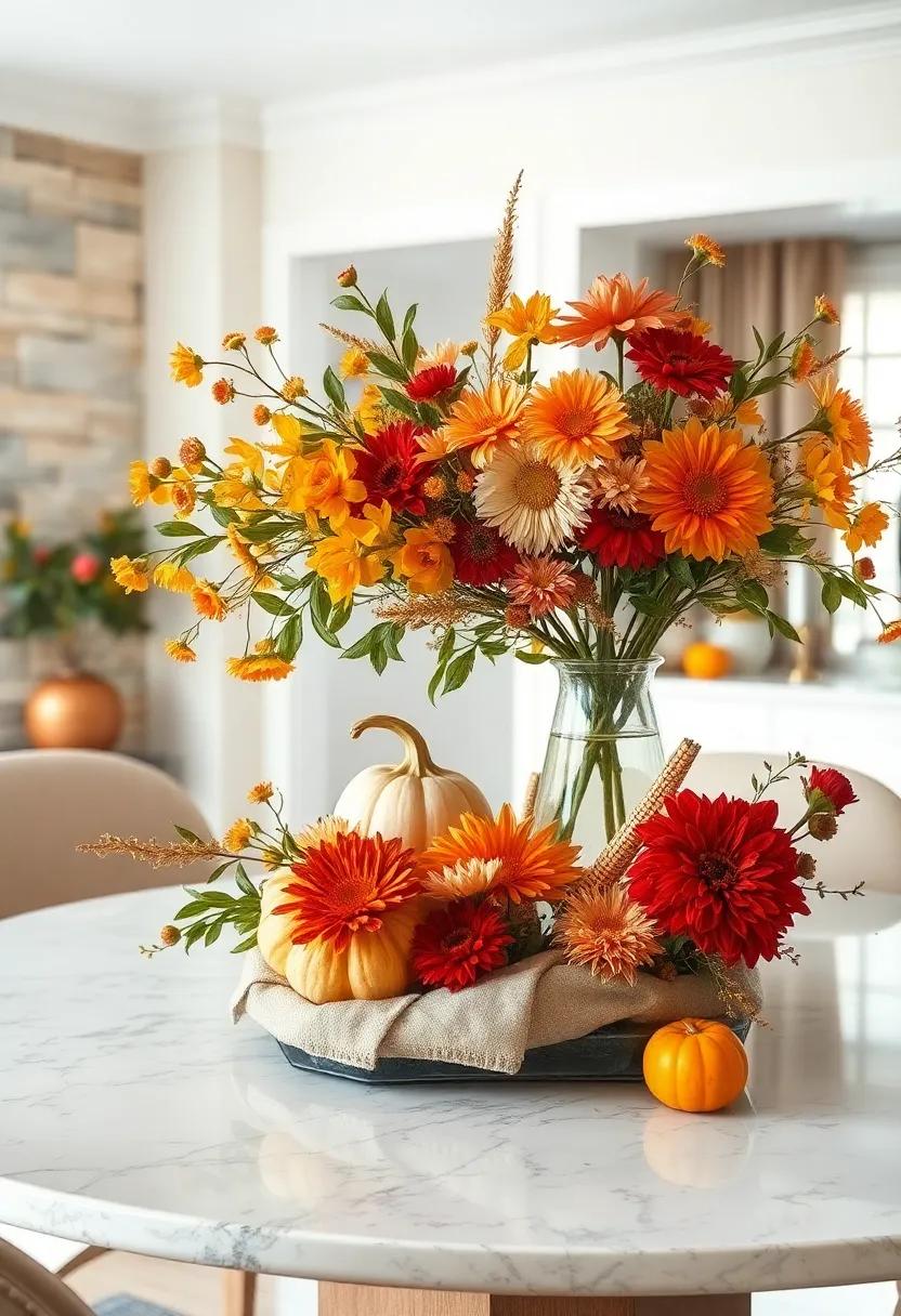 Autumn Harvest Display: Create a seasonal centerpiece with ornamental gourds,dried corn,and deep-hued chrysanthemums,celebrating the warmth of fall