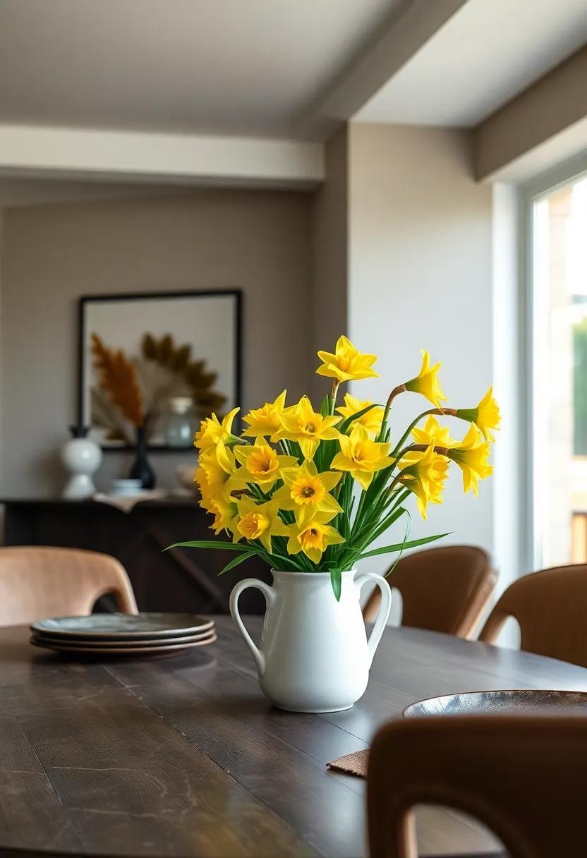 Bold Daffodils: Kick off the season with a cheerful arrangement of bright daffodils nestled in a simple ceramic pitcher, bringing joy to any dining table