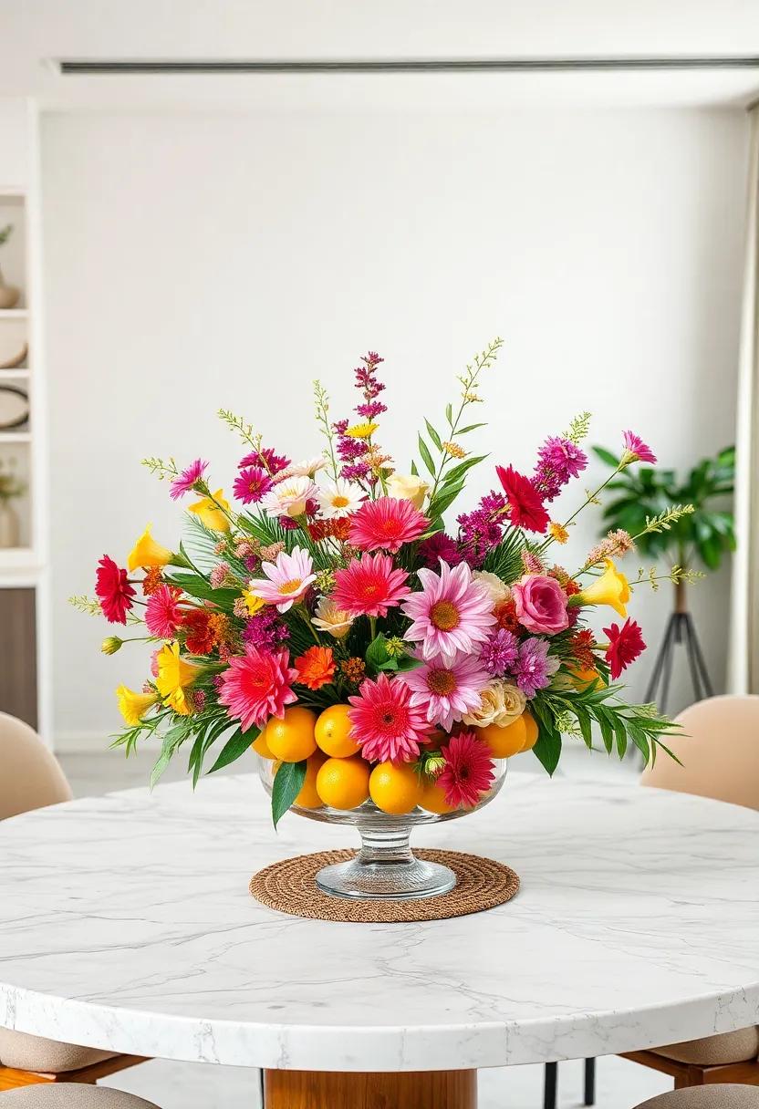 Centerpiece of Fruits and Flowers: Blend fresh fruits like lemons or oranges with colorful blooms for a centerpiece that is both eye-catching and fragrant