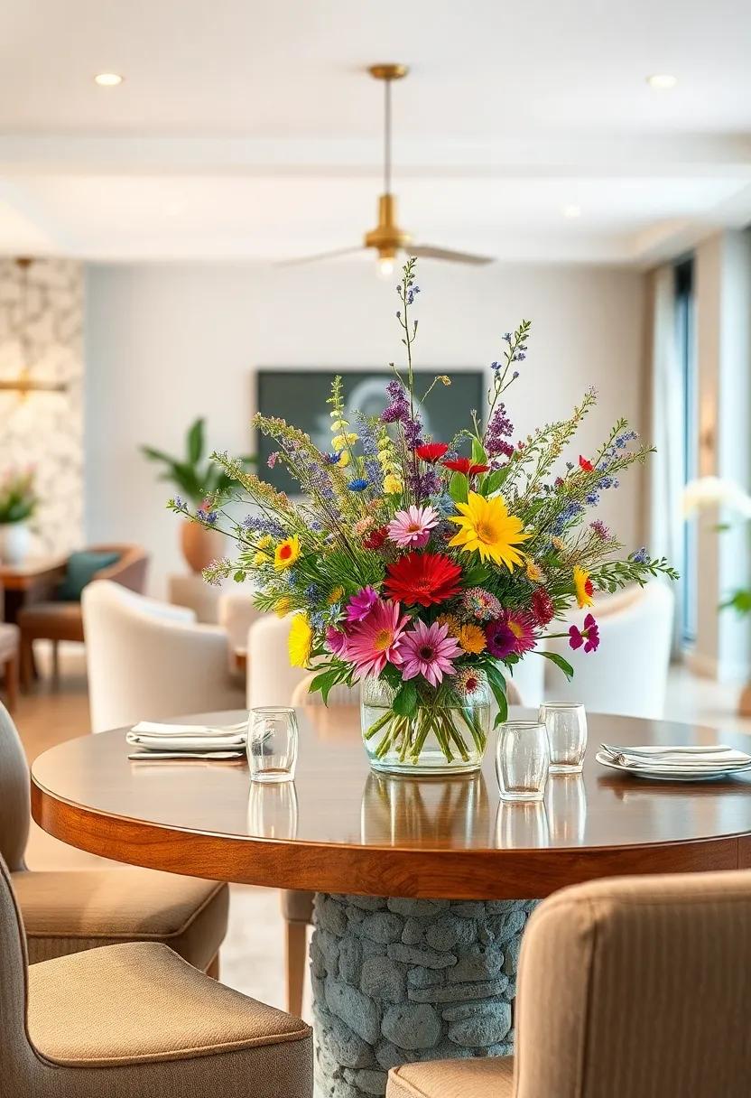 charming wildflower Mix: Capture the essence of a meadow with a vibrant mix of wildflowers, incorporating blues, purples, and yellows for an effortless, cheerful vibe