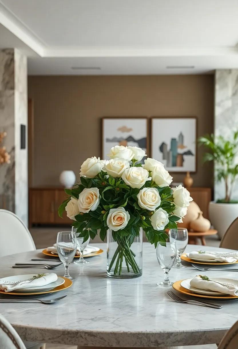Classic White Roses: Evoke elegance with a monochromatic centerpiece of pristine white roses, accented with lush greenery for a timeless look that complements any table setting