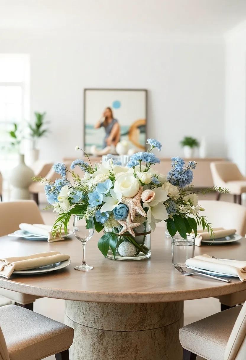 Coastal Vibes: Incorporate seashells and starfish with soft blue and white florals to create a calming centerpiece ideal for beach-themed gatherings