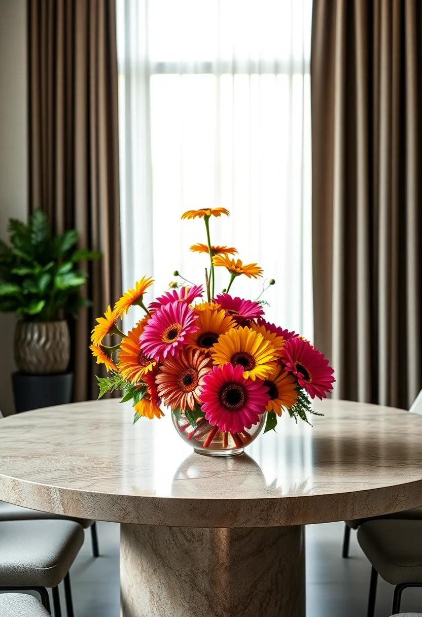 Colorful Gerbera Daisies: Brighten up your table with an explosion of color using vibrant gerbera daisies, arranged in a playful, variously sized cluster