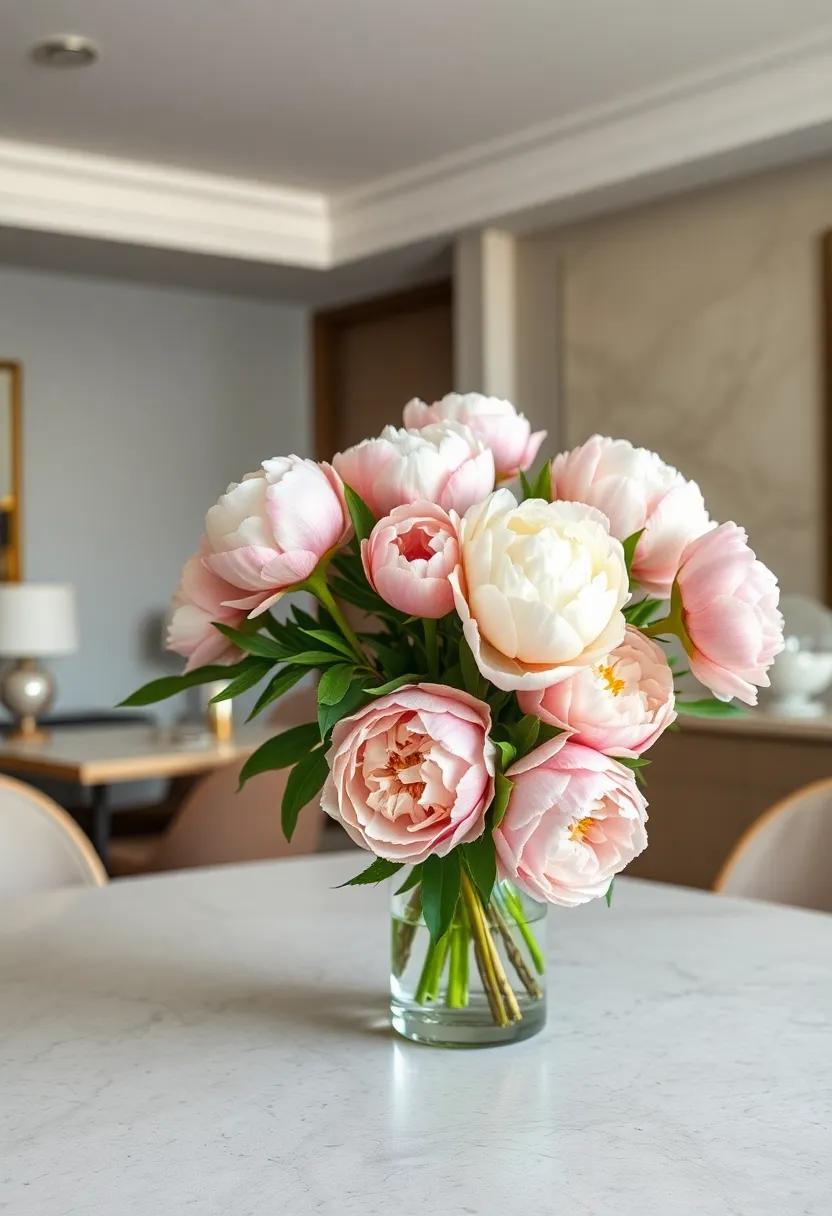 Delicate Peony Arrangement: Celebrate spring with soft pink and creamy white peonies, arranged in a simple glass vase to highlight their abundant petals