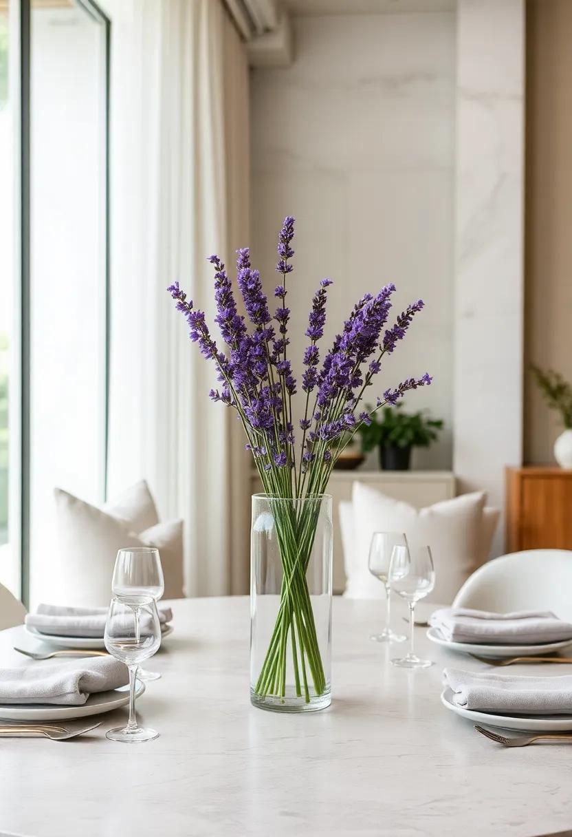 Elegance in Lavender: Showcase tall sprigs of lavender in a slender vase for a calming,fragrant centerpiece that adds a touch of serenity to your meal