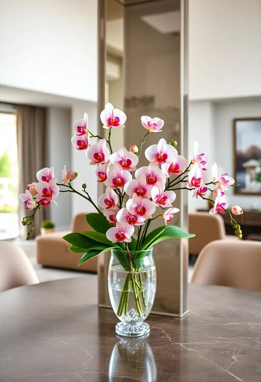 Enchanted Orchids: Elevate your dining experience with delicate orchids, elegantly displayed in a crystal vase, showcasing their luscious blooms