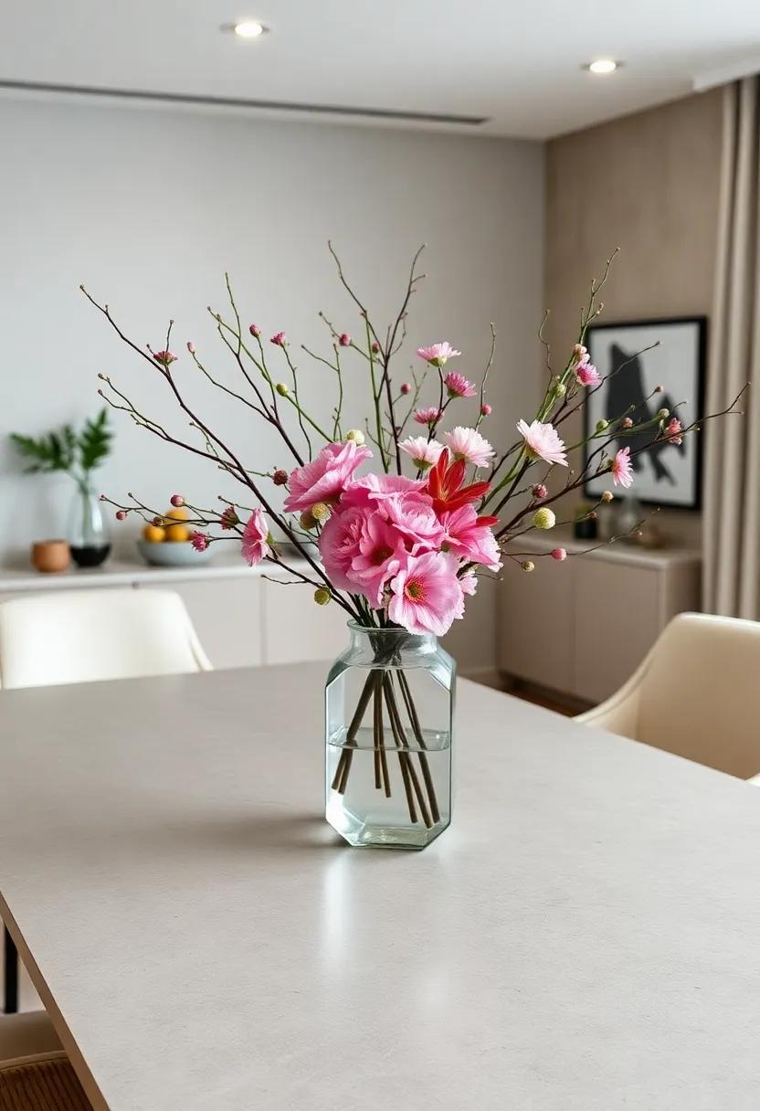 modern Minimalist: Opt for sleek elegance with a few striking branches and simple blooms, placed in a geometric vase, creating a contemporary focal point