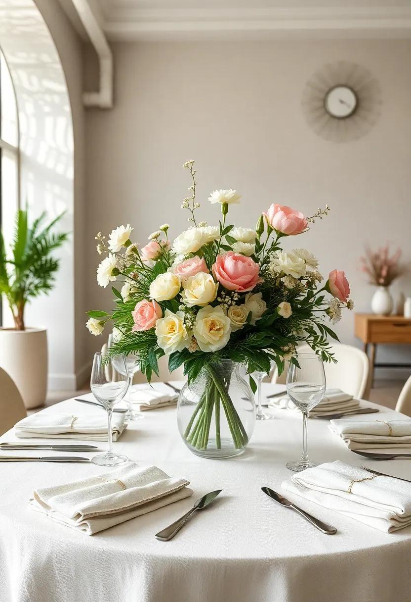 soft and Subtle Tones: Use blooms in white, cream, and blush for a soft, understated centerpiece that creates a serene atmosphere for intimate dinners