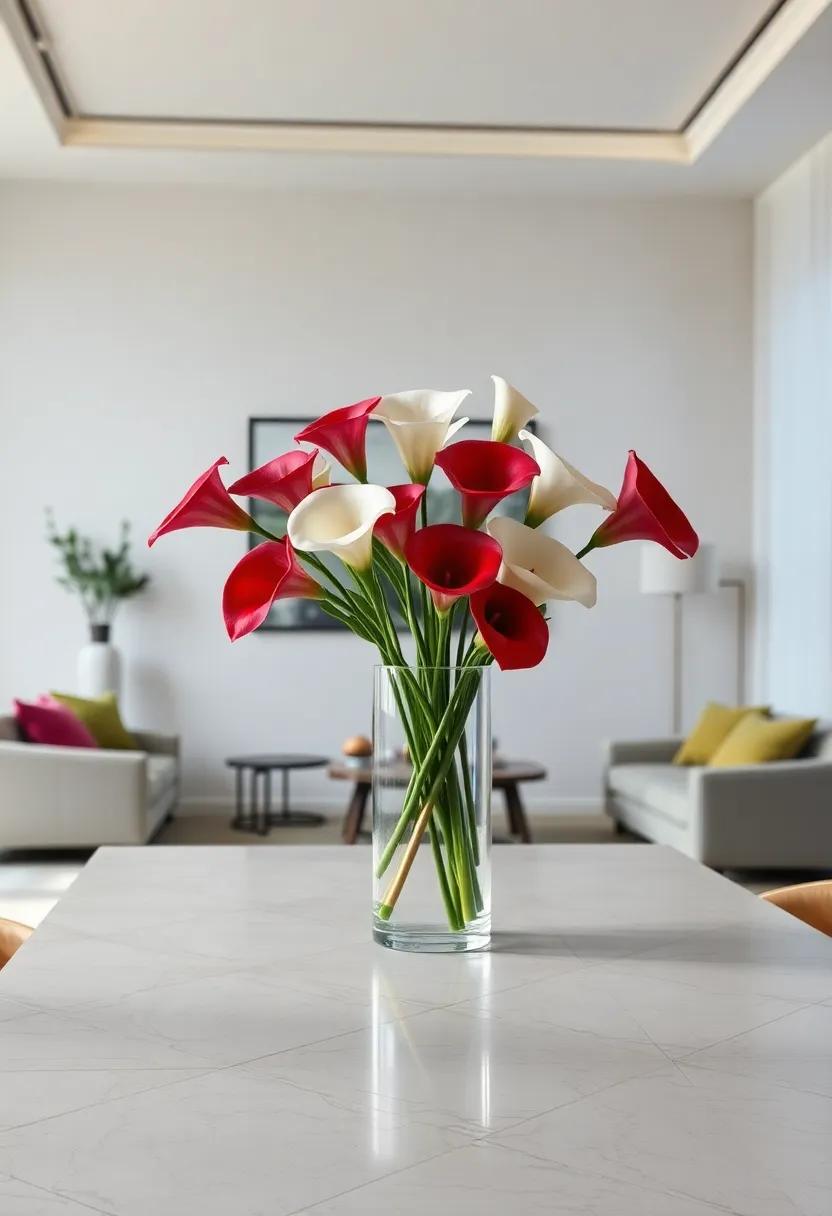 Statement Calla Lilies: Show off striking calla lilies in a tall, modern vase, making a bold, sculptural statement that draws the eye