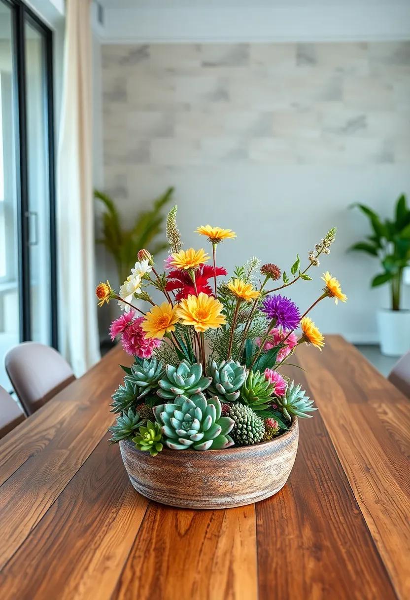 Succulent Garden: Combine desert and floral with a centerpiece made of various succulents in a rustic container, offering a low-maintenance yet stunning look