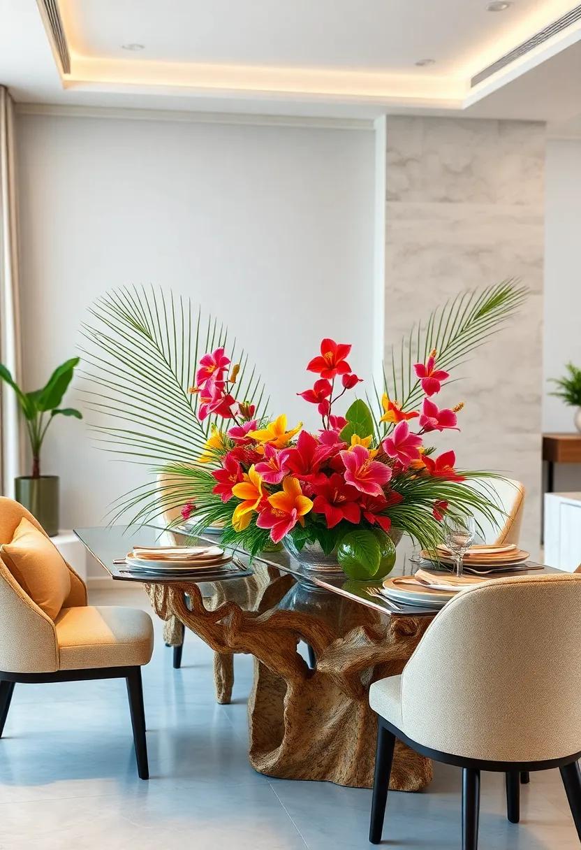 Tropical Paradise: Bring the tropics to your table with bold, colorful blooms like hibiscus and orchids, paired with palm fronds for an exotic touch